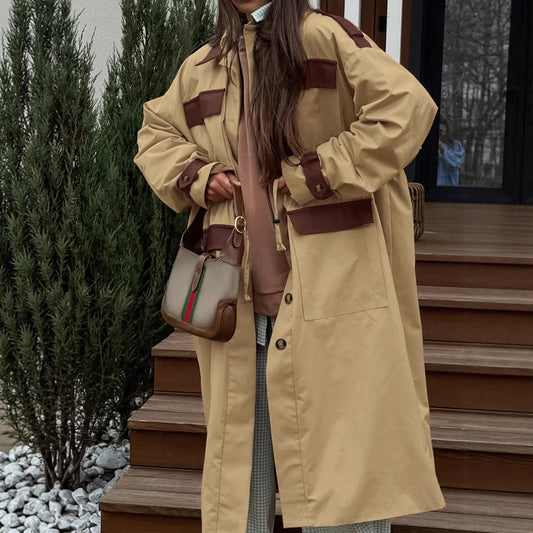 Autumn And Winter Retro Contrast Color Trench Coat For Women