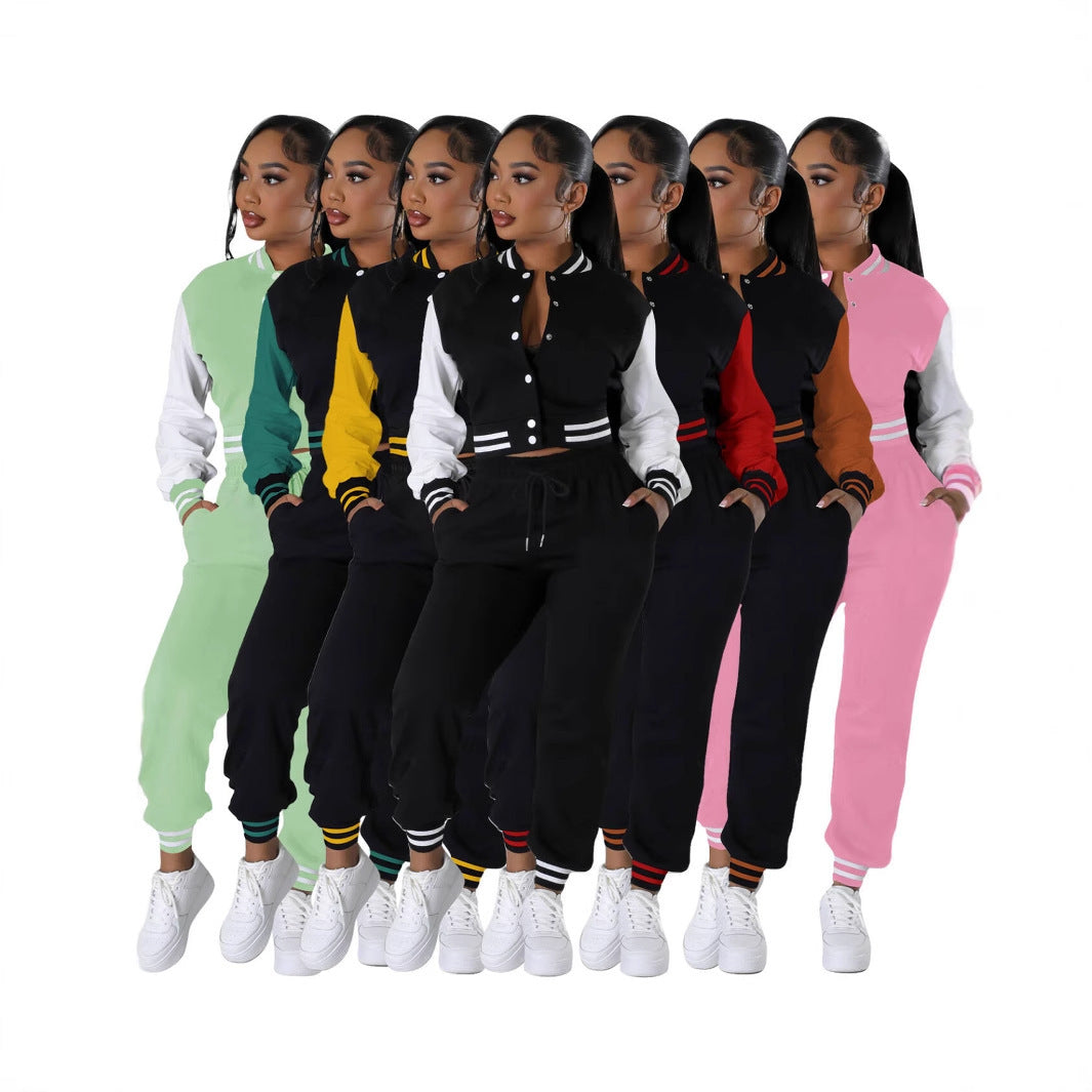 Women's Fashion Baseball Uniform Stitching Single-breasted Two-piece Suit