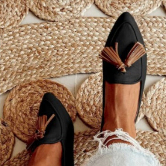 Flat Pointed - toe Rivet - tasseled Peep - toe Pumps - Eshtree