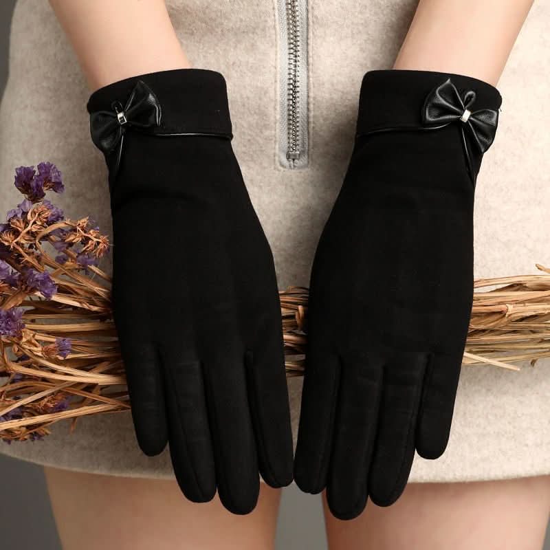 Fleece - lined De Suede Bow Gloves Touch Screen Warm Outdoor All - matching - Eshtree