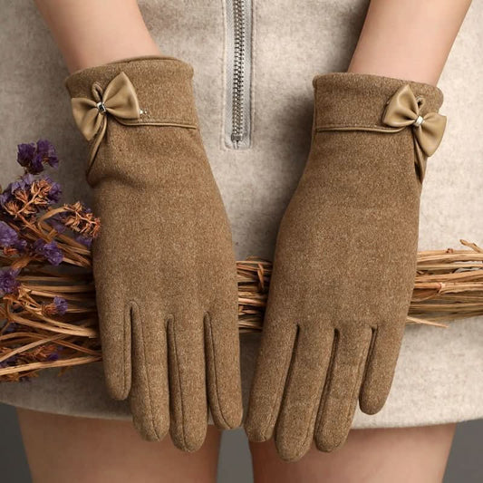 Fleece - lined De Suede Bow Gloves Touch Screen Warm Outdoor All - matching - Eshtree