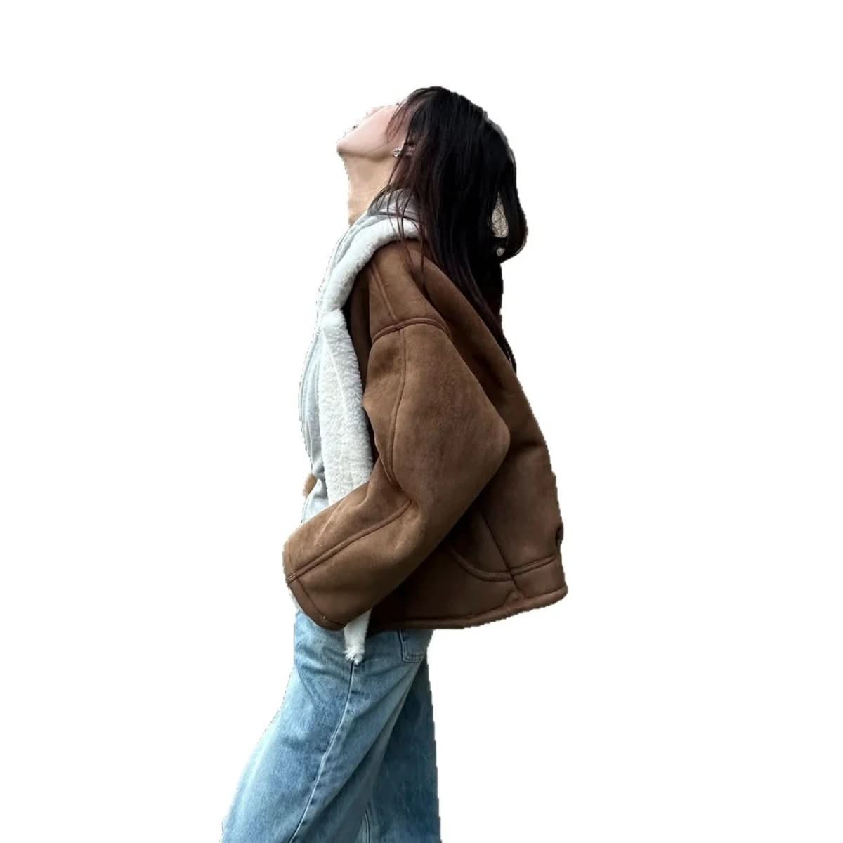 Fleece - lined Thick Lapel Short Lamb Wool Padded Jacket - Eshtree