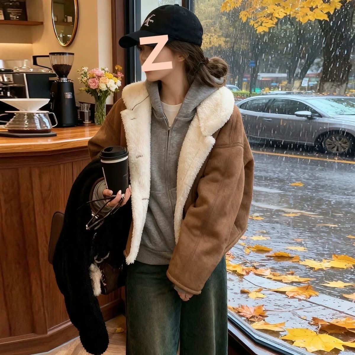 Fleece - lined Thick Lapel Short Lamb Wool Padded Jacket - Eshtree