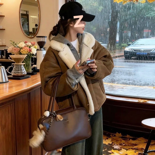 Fleece - lined Thick Lapel Short Lamb Wool Padded Jacket - Eshtree