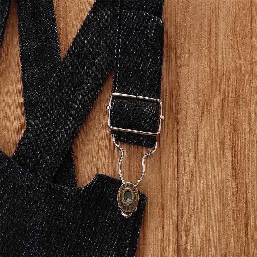 Girls' Short - sleeved Suit Puff Sleeve Black T-shirt Denim Suspender Skirt Fashionable - Eshtree