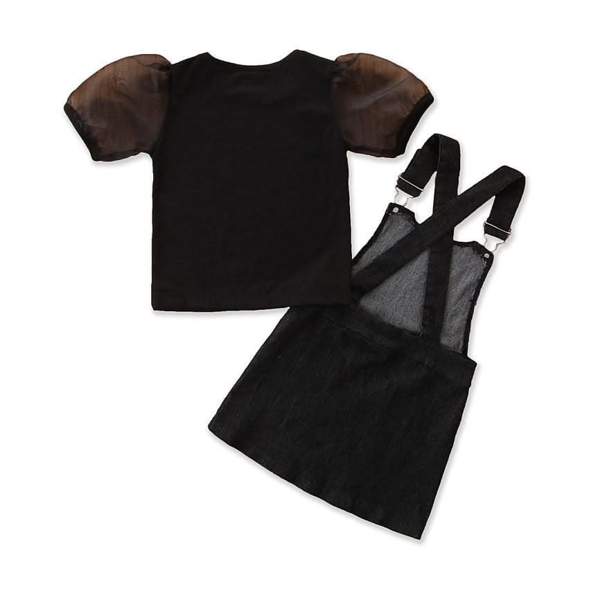 Girls' Short - sleeved Suit Puff Sleeve Black T-shirt Denim Suspender Skirt Fashionable - Eshtree