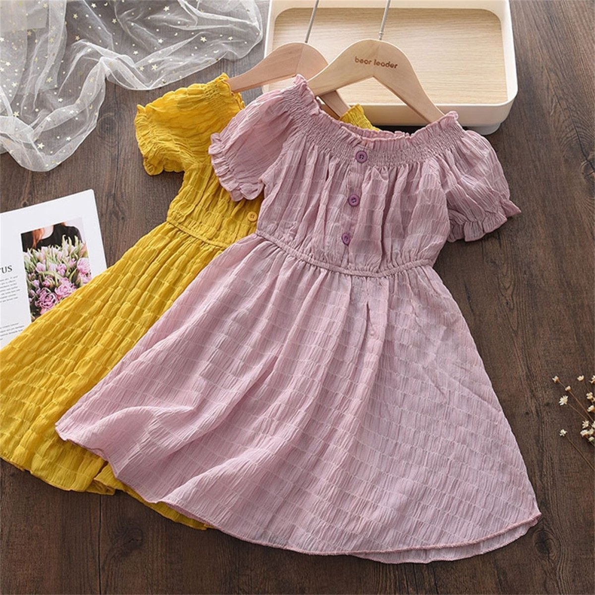 Girls' Solid Color Lace Collar Short Sleeve Chiffon Dress - Eshtree