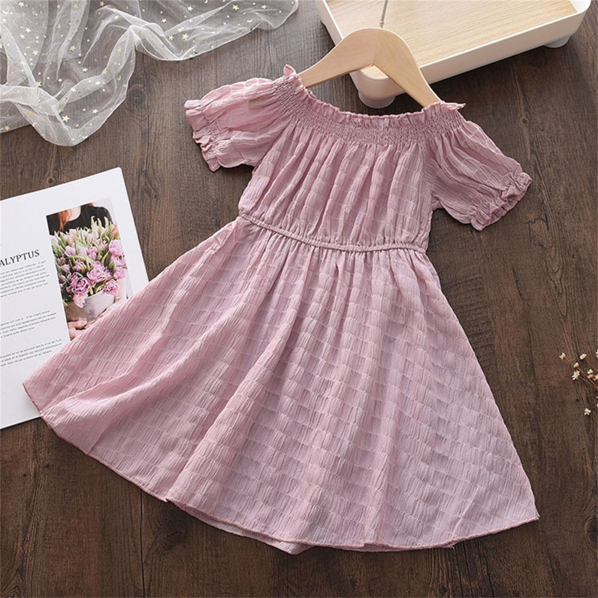 Girls' Solid Color Lace Collar Short Sleeve Chiffon Dress - Eshtree