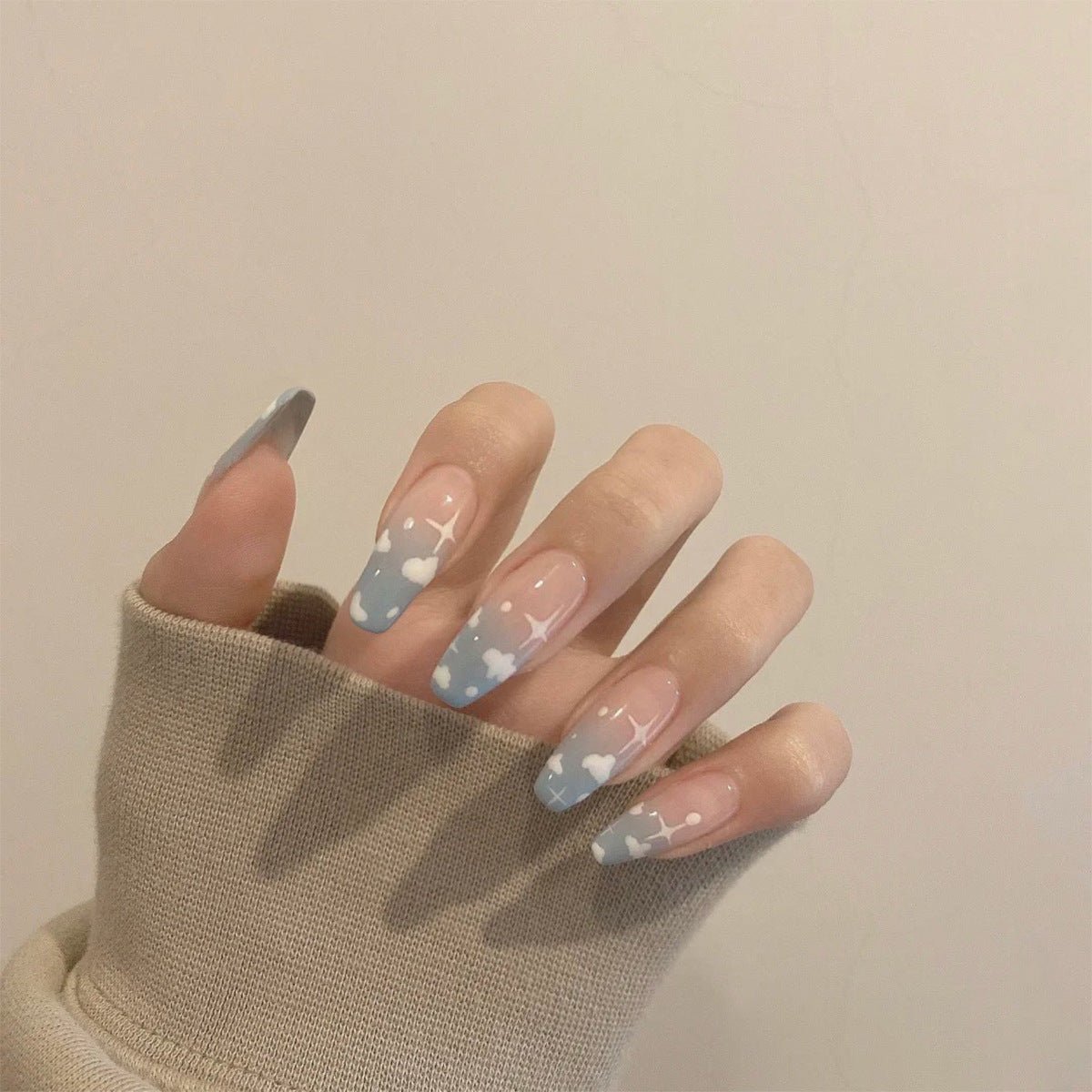 Gray Blue Cotton Cloud Wearing Nail Finished Soft Nail Fake Nail Patch Removable - Eshtree