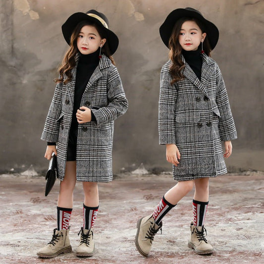 Gray plaid houndstooth coat for girls - Eshtree