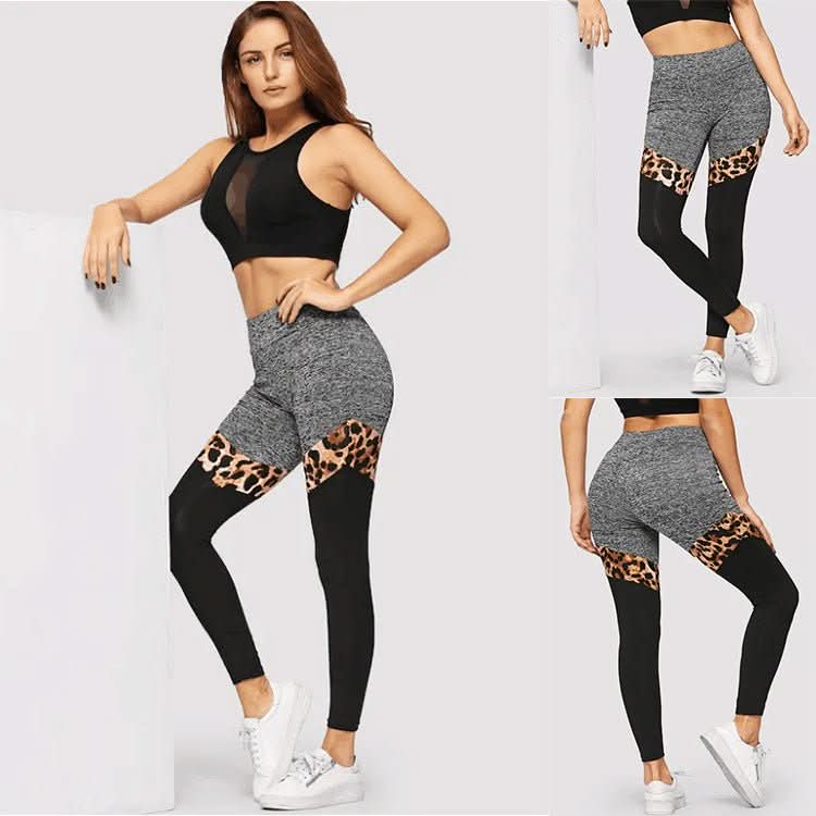 Grey And Black Plus Leopard Print Stitching Polyester Fiber Leggings - Eshtree