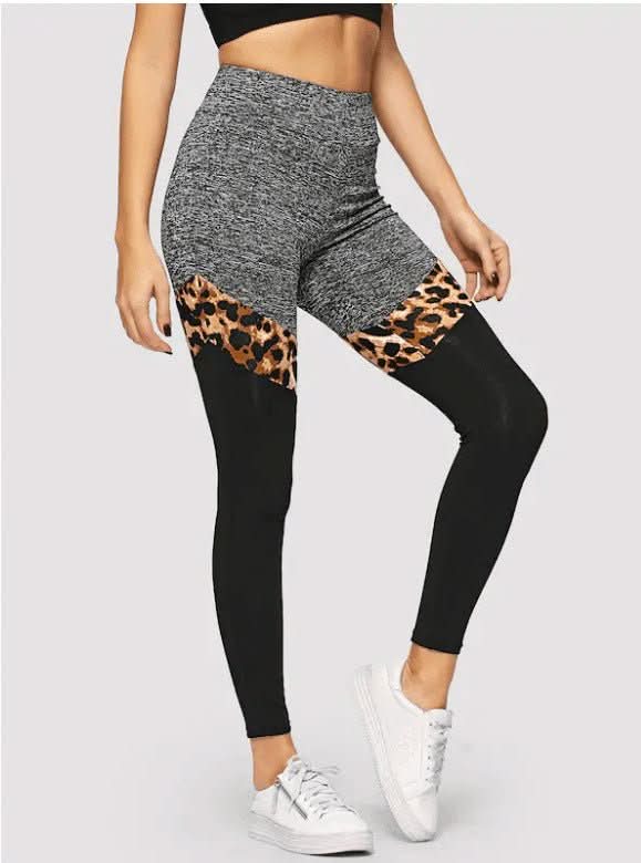 Grey And Black Plus Leopard Print Stitching Polyester Fiber Leggings - Eshtree