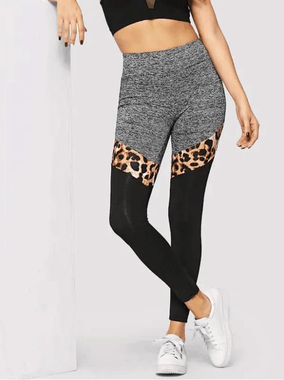 Grey And Black Plus Leopard Print Stitching Polyester Fiber Leggings - Eshtree