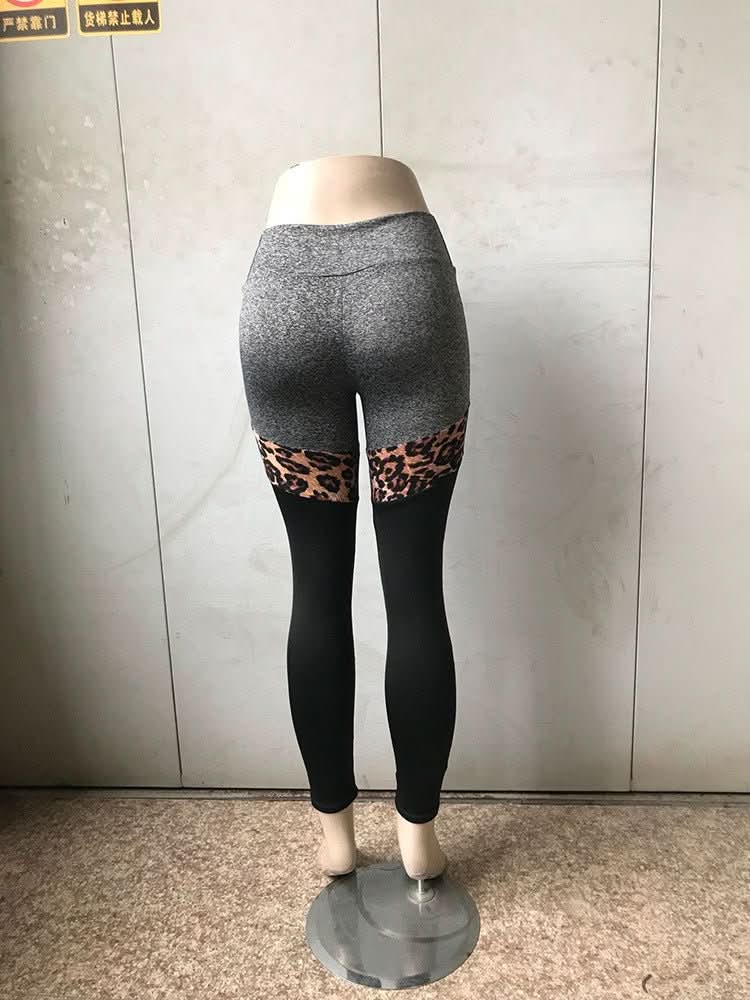Grey And Black Plus Leopard Print Stitching Polyester Fiber Leggings - Eshtree