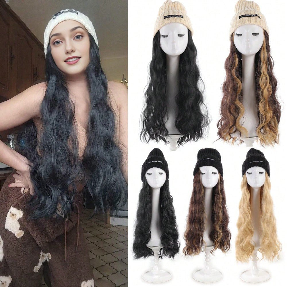 Hat Wig Long Curly Hair Female Hat Wig Big Wave - Eshtree