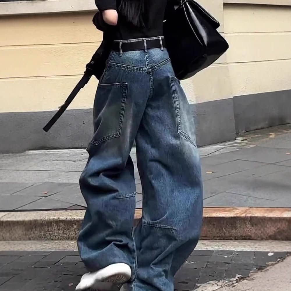 High Waist Crimp Wide Leg Jeans For Women Plus Size Mop Trousers - Eshtree