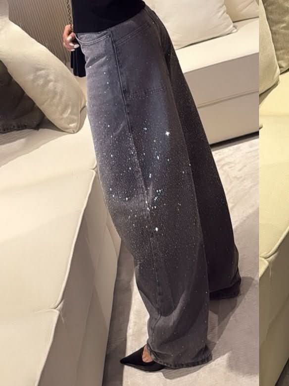 High - Waisted Wide - Leg Jeans With Sparkling Rhinestone Detailing - Eshtree