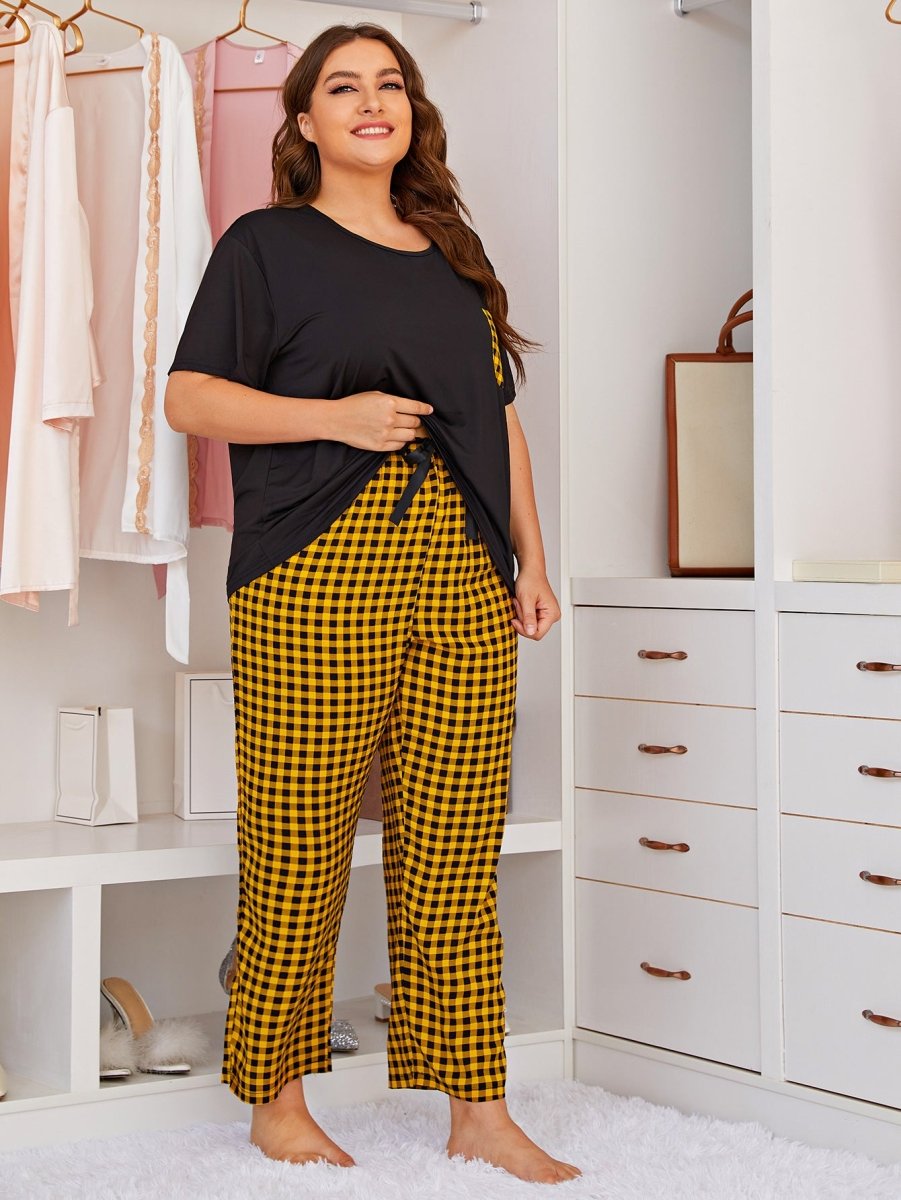 Home Service Plaid Round Neck Short - sleeved Trousers Home Suit Pajamas Women - Eshtree
