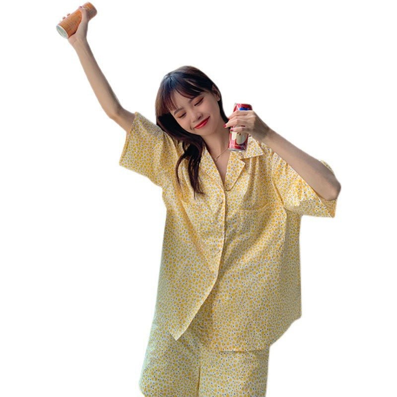 Home Suit Pajamas for Women Girls Sweet Pyjama Ensembles Short Sleeve Pijamas Bright Yellow Two Piece Set - Eshtree