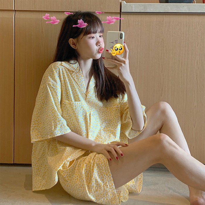 Home Suit Pajamas for Women Girls Sweet Pyjama Ensembles Short Sleeve Pijamas Bright Yellow Two Piece Set - Eshtree