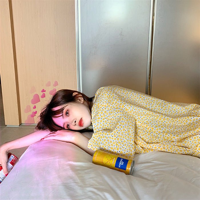 Home Suit Pajamas for Women Girls Sweet Pyjama Ensembles Short Sleeve Pijamas Bright Yellow Two Piece Set - Eshtree