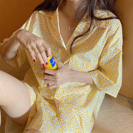 Home Suit Pajamas for Women Girls Sweet Pyjama Ensembles Short Sleeve Pijamas Bright Yellow Two Piece Set - Eshtree