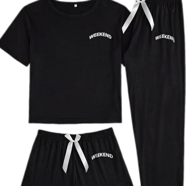 Homewear Pajamas For Women Lettered Black Three - piece Suit - Eshtree