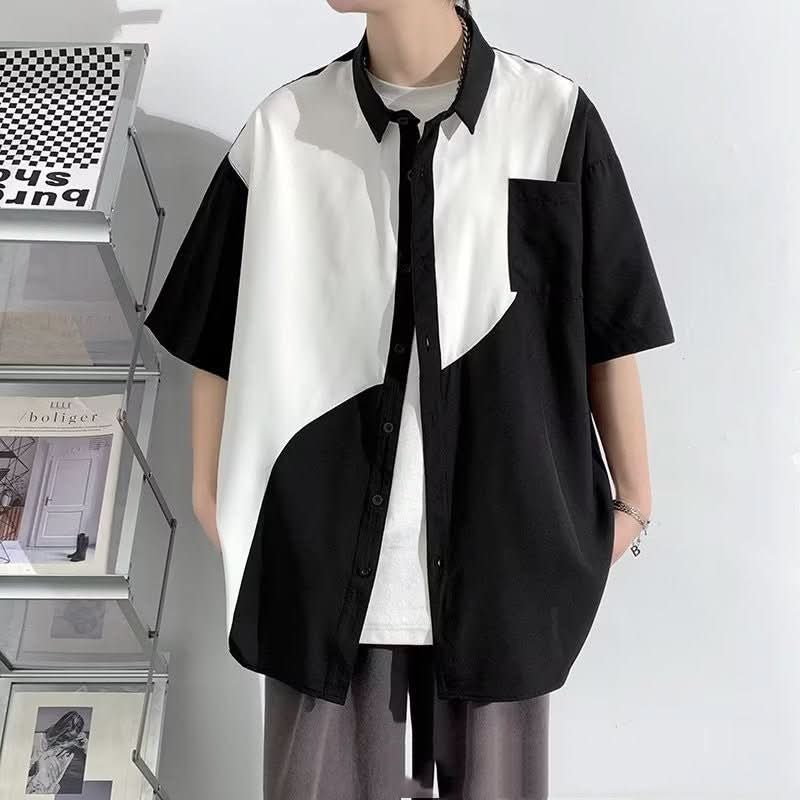 Hong Kong Wind And Tide Stitching Contrast Shirt Korean Version - Eshtree