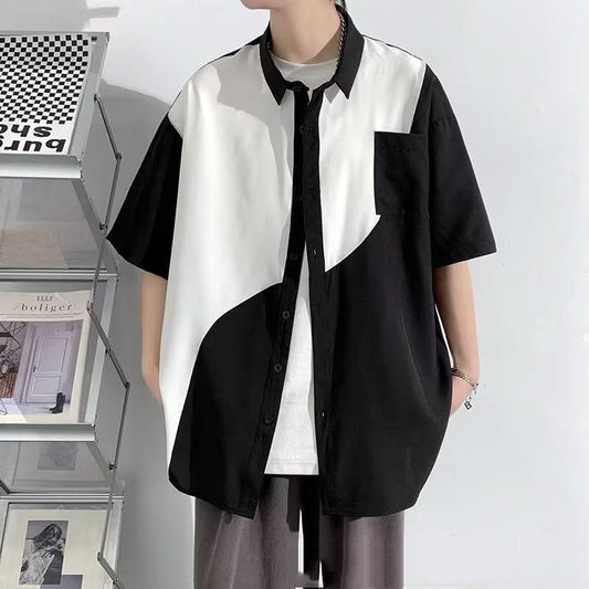 Hong Kong Wind And Tide Stitching Contrast Shirt Korean Version - Eshtree