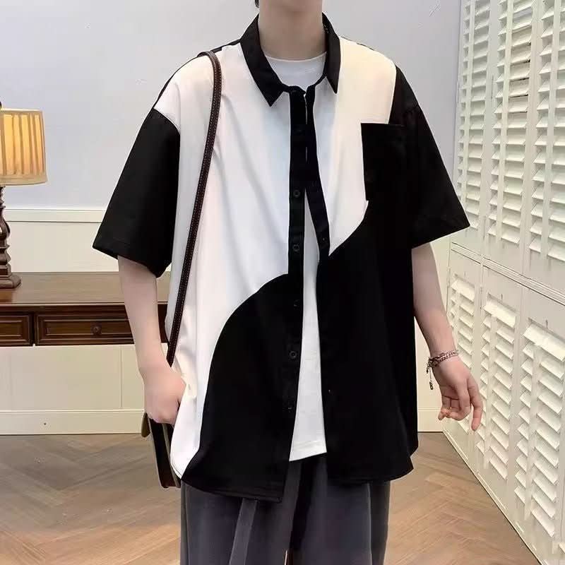 Hong Kong Wind And Tide Stitching Contrast Shirt Korean Version - Eshtree