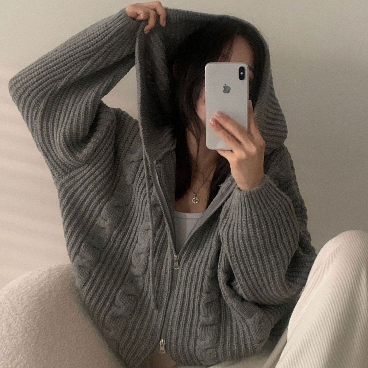 Hooded Long Sleeve Knitted Sweater Cardigan Coat Women - Eshtree
