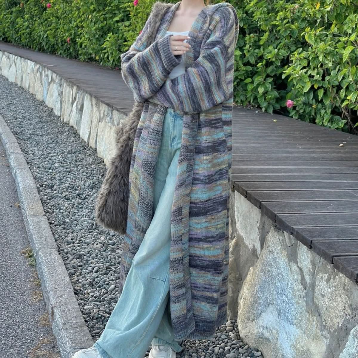 Hooded Striped Sweater Coat Idle Style Long Knitted Cardigan - Eshtree