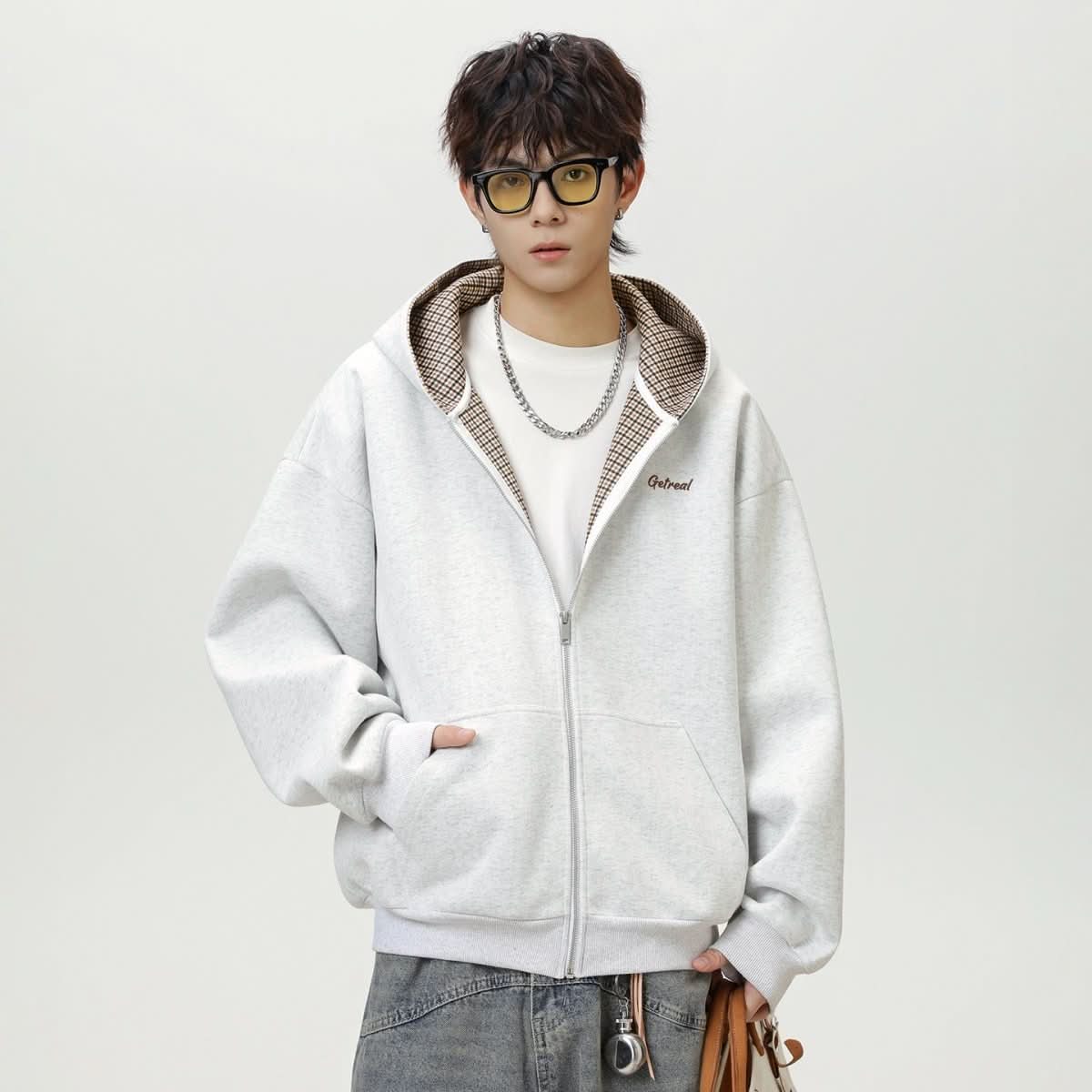 Houndstooth Contrast Color Inner Hooded Sweater Men's Autumn - Eshtree