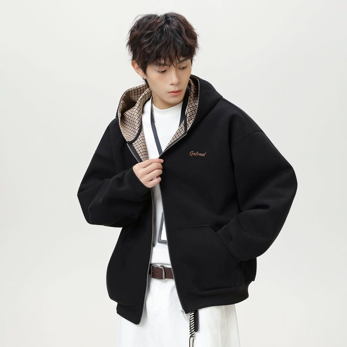 Houndstooth Contrast Color Inner Hooded Sweater Men's Autumn - Eshtree