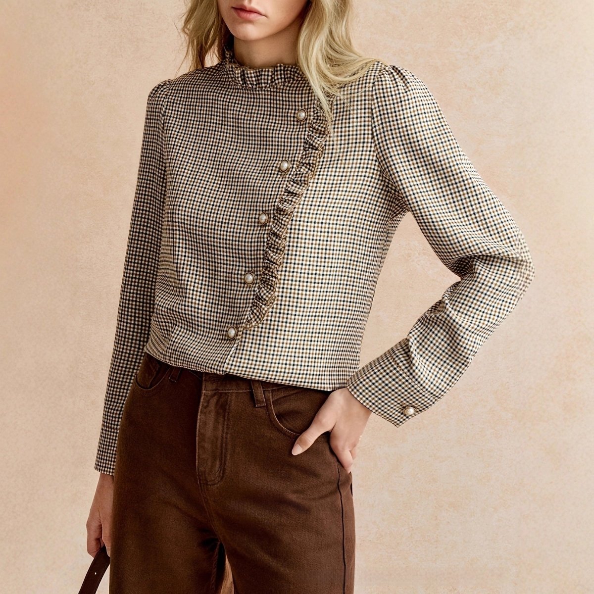 Houndstooth Ruffled Small Stand - up Collar Side - button - front Shirt - Eshtree