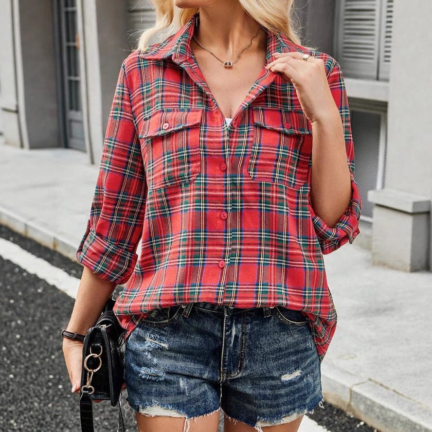 In - stock Womens Loose - fitting Long - sleeve Pocket Shirt - Eshtree