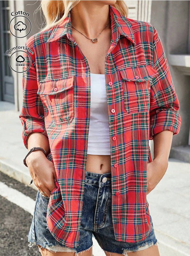 In - stock Womens Loose - fitting Long - sleeve Pocket Shirt - Eshtree