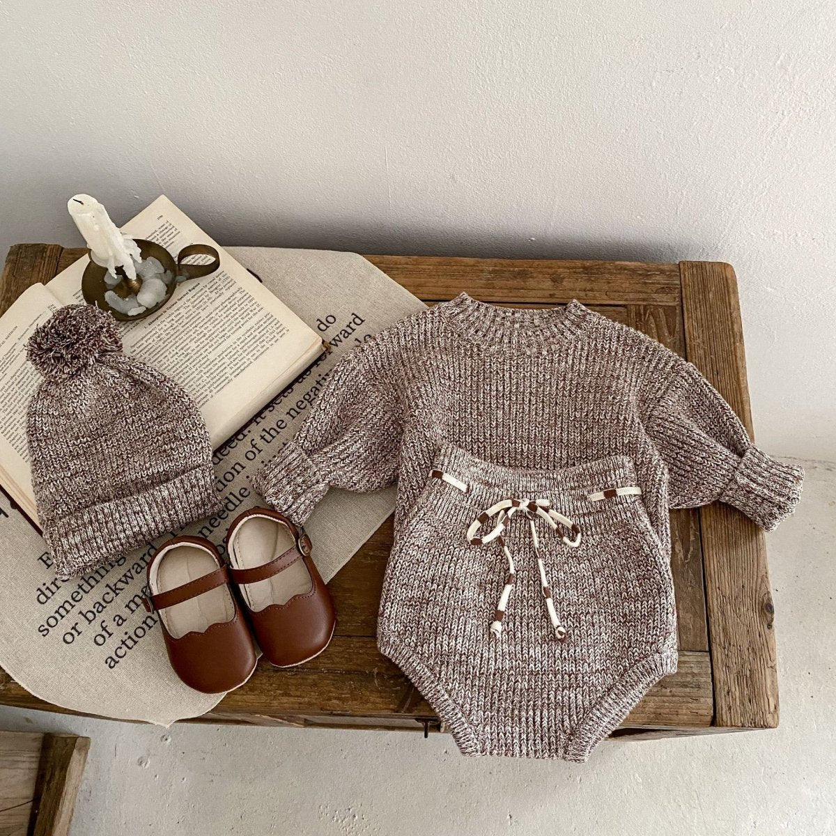 Infant Baby Girl Mixed Color Thick Needle Pullover Pants Pullover Fur Ball Knitted Hat 3 - piece Set - Eshtree