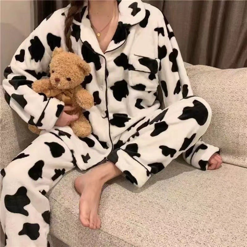 Ins Black And White Contrast Color Cow Pajamas Flannel Autumn And Winter Warm Cartoon Sweet Homewear - Eshtree