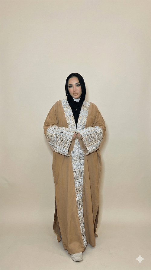 قفطان كتان هاند ميد بتطريز تراثي فاخر - Eshtree