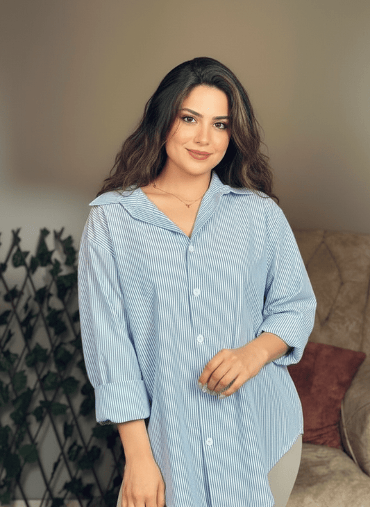 قميص نسائي مخطط بأزرار أمامية - Eshtree