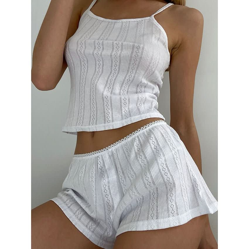 Knitted Suspender Shorts Ladies' Homewear Jacquard White Cool Pajamas Two - piece Set - Eshtree