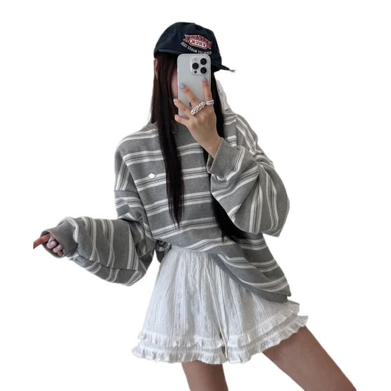 Korean Retro Preppy - Style Striped Long - Sleeve Sweatshirt - Eshtree