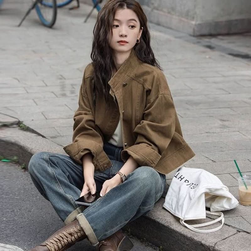 Korean Retro Workwear Stand - collar Jacket For Women - Eshtree
