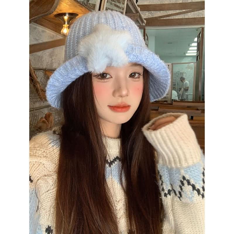 Korean - style Cute Plush Star Knitted Bucket Hat - Eshtree