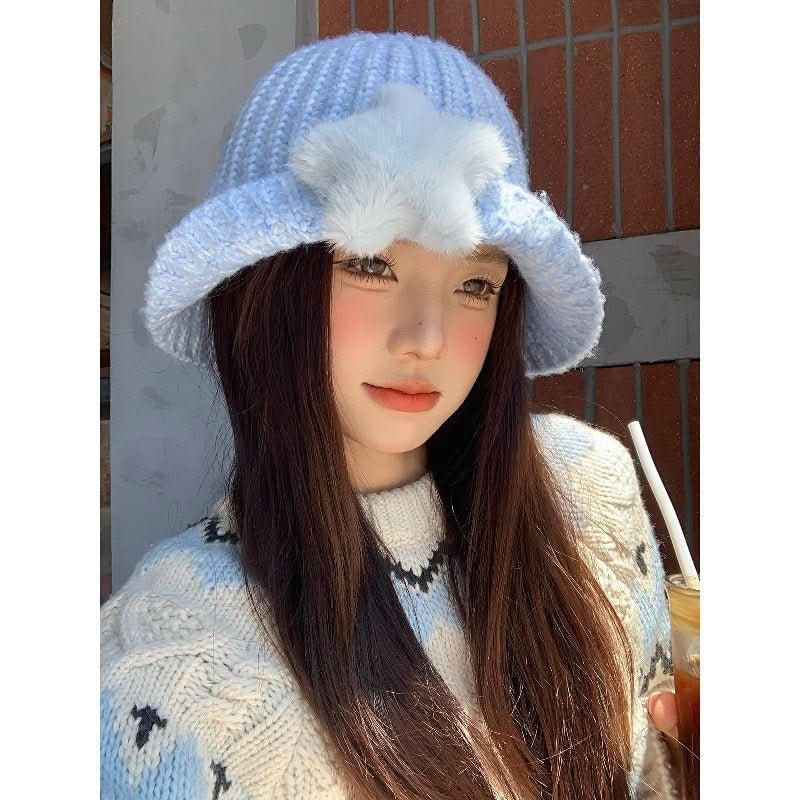 Korean - style Cute Plush Star Knitted Bucket Hat - Eshtree