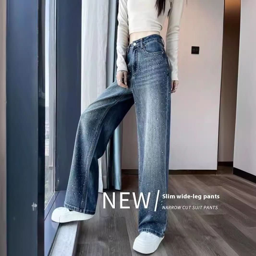 Korean Style Rhinestone High Waist Narrow Wide Leg Jeans - Eshtree