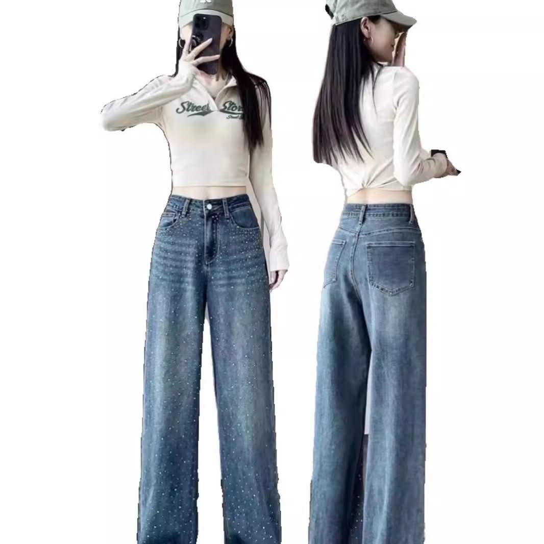 Korean Style Rhinestone High Waist Narrow Wide Leg Jeans - Eshtree