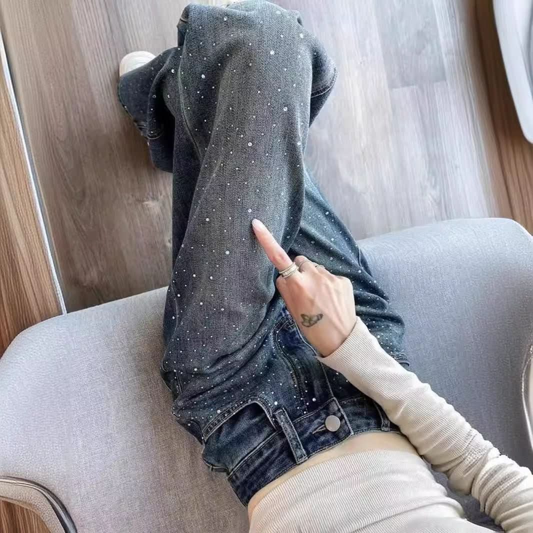 Korean Style Rhinestone High Waist Narrow Wide Leg Jeans - Eshtree