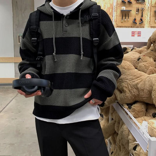 Korean Style Striped Idle Style Retro Hooded Sweater - Eshtree